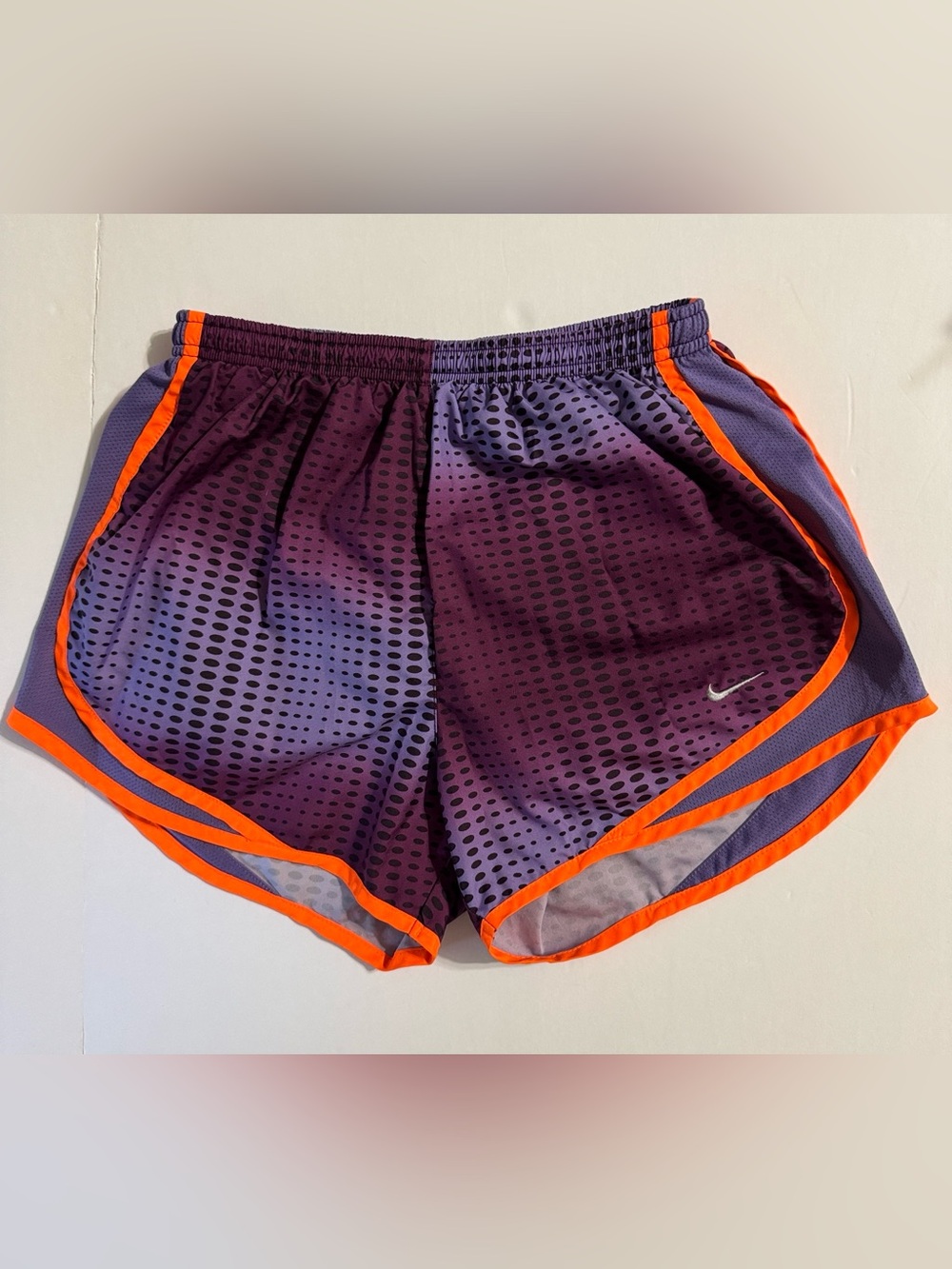 Nike Women's Purple Gradient Athletic Shorts with Orange Trim S